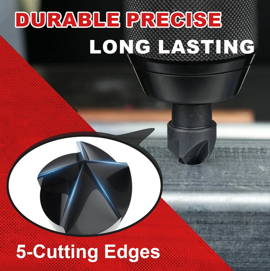 5-piece high-speed steel countersink drill bit set in black and red, featuring 1/4" to 3/4" bit sizes and a 1/4" hex shank for power tool compatibility