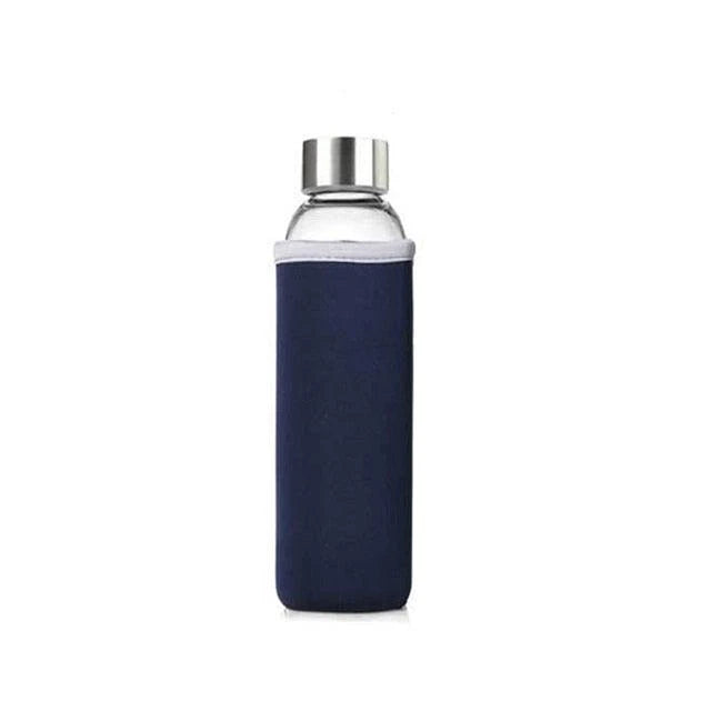 Premium minimalist glass sports water bottle in a variety of sizes and colours, designed for sustainable and stylish hydration