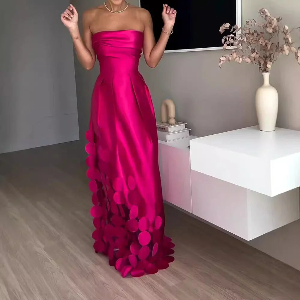 Elegant patchwork satin dress with sleek tube top, high-waist silhouette, and full-length swing skirt in vibrant rose red colour