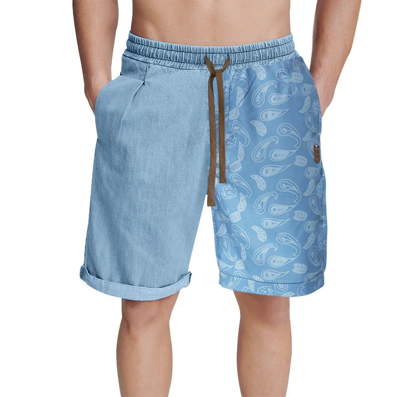 Relaxed-fit sports shorts in light blue and denim blue mosaic patterns, designed for casual everyday wear