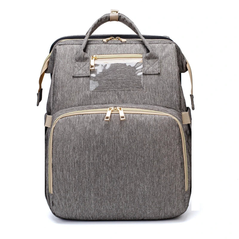 Versatile Large-Capacity Folding Crib Backpack in Grey - Premium Polyester Baby Bag with Ample Storage and Organisational Features
