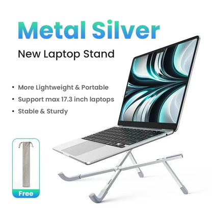 Adjustable and foldable aluminium laptop stand with 5 height levels, cooling design, and skidproof silicone platform