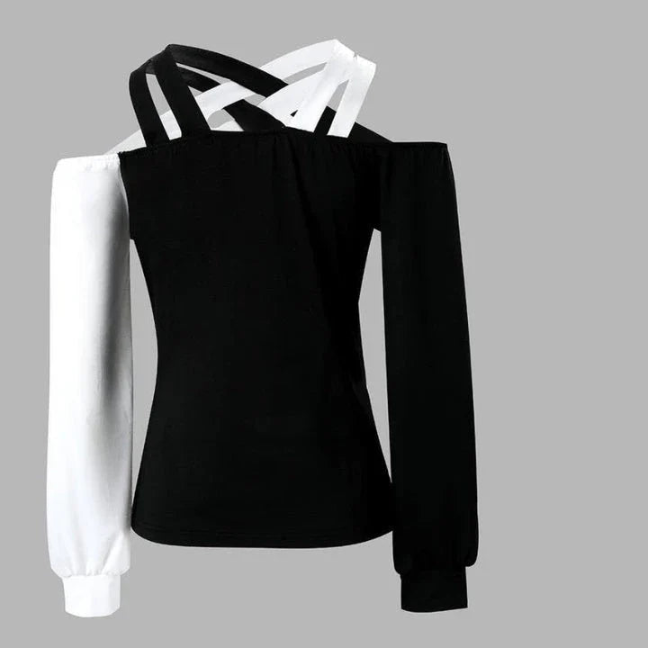 Premium patchwork blouse in black with a unique collage/splicing design, made from high-quality polyester for versatile style and comfort.