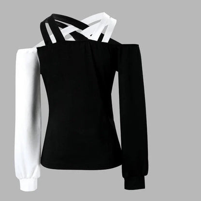 Premium patchwork blouse in black with a unique collage/splicing design, made from high-quality polyester for versatile style and comfort.