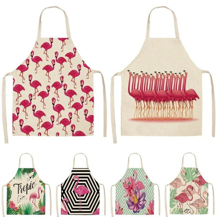Flamingo Print Apron with Adjustable Neck Strap and Waist Ties, Made of Cotton and Linen Blend
