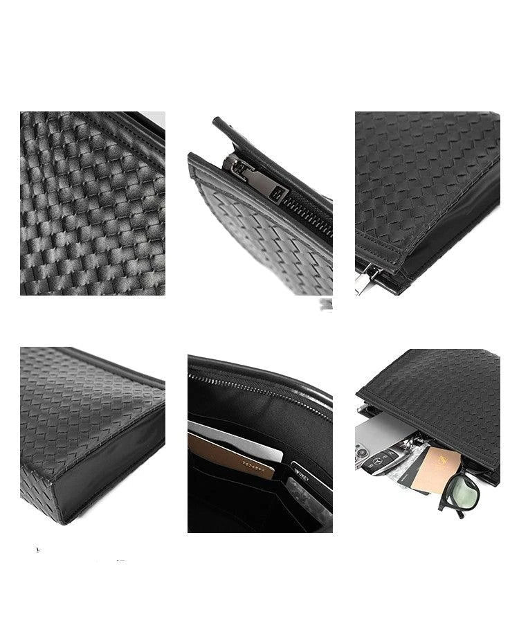 Premium hand-woven black leather briefcase with multiple pockets and adjustable shoulder strap