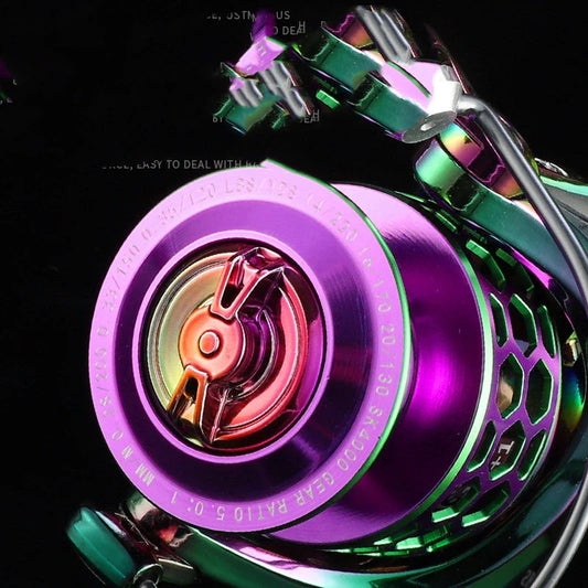 Multicoloured spinning reel with honeycomb design for fishing, featuring durable construction and smooth performance