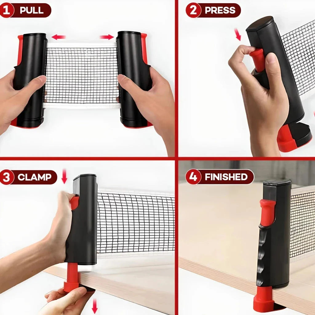 Compact retractable table tennis net that can be set up on any table for instant ping pong action