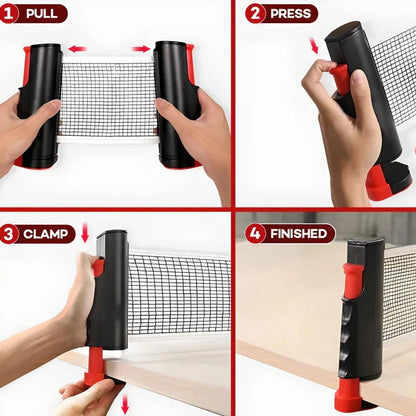 Compact retractable table tennis net that can be set up on any table for instant ping pong action