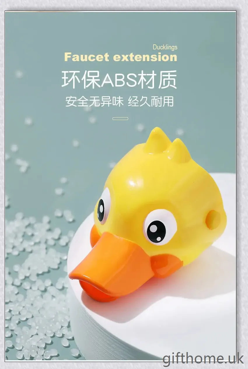 A yellow duck-shaped faucet extender that elevates a child's hand-washing experience at the sink