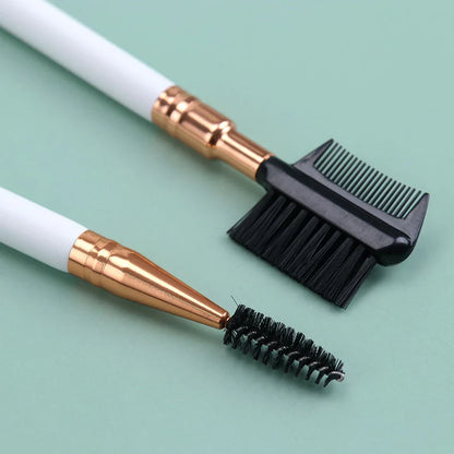 Premium dual-ended eyebrow and eyelash grooming brush with wooden handle and nylon bristles