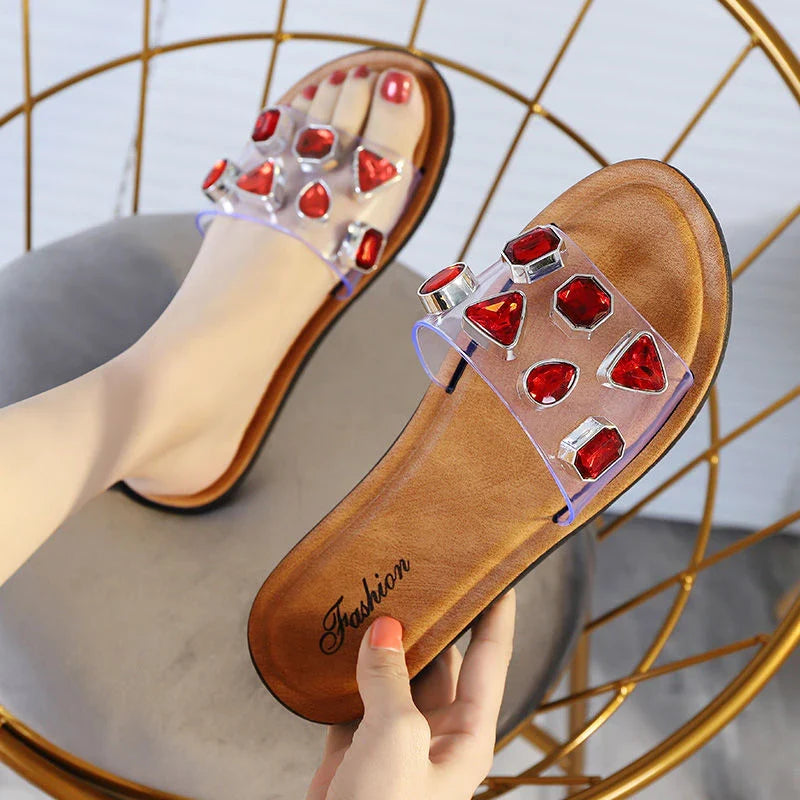 Stylish anti-slip sandals with gemstone and diamond embellishments, available in ruby red, green, and blue colours