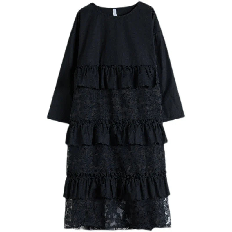 Plus size black lace dress with long sleeves and a loose, relaxed fit for a timeless and sophisticated look