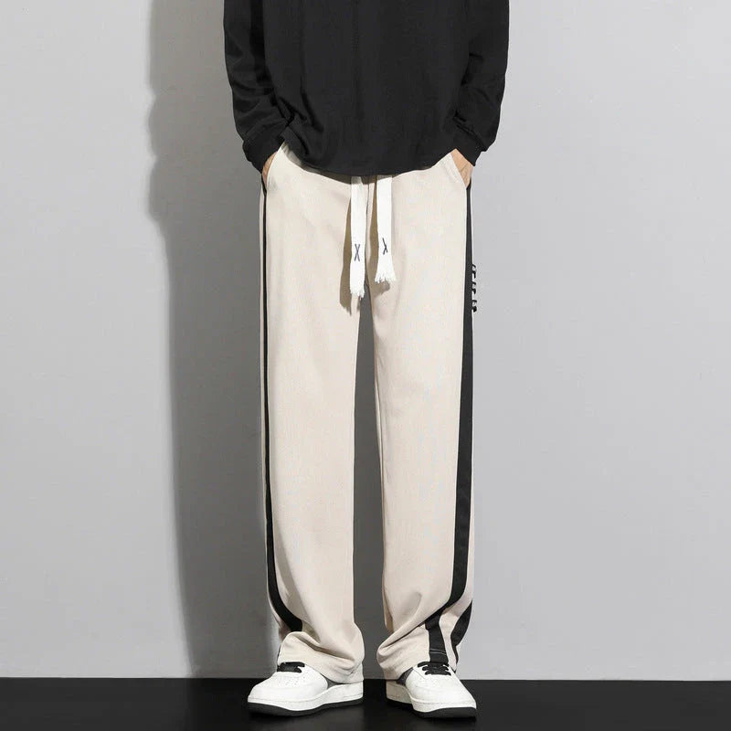 Comfortable striped straight-leg casual trousers in various colours and sizes