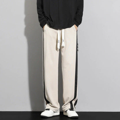 Comfortable striped straight-leg casual trousers in various colours and sizes