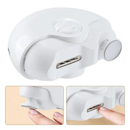 Premium 2-in-1 electric nail clipper and polisher with adjustable settings for trimming and polishing, built-in nail clippings compartment, and rechargeable battery