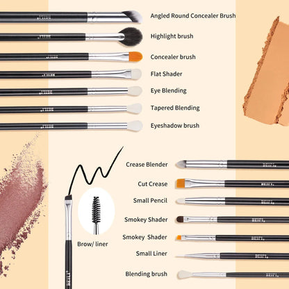 Set of 15 professional eye makeup brushes in a sleek black design, including brushes for brows, lashes, eyeliner, and eyeshadow blending.