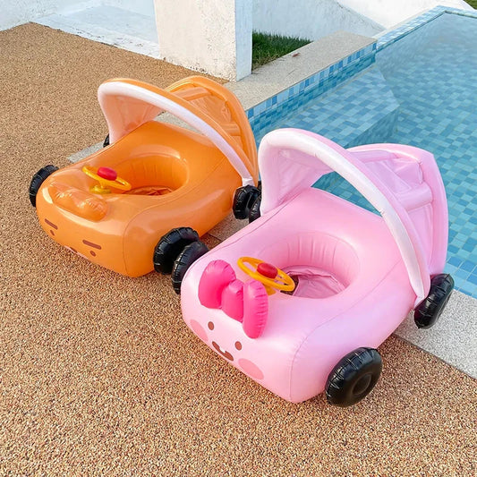 Inflatable car-style swimming seat ring with detachable sunshade for kids aged 1-6 years