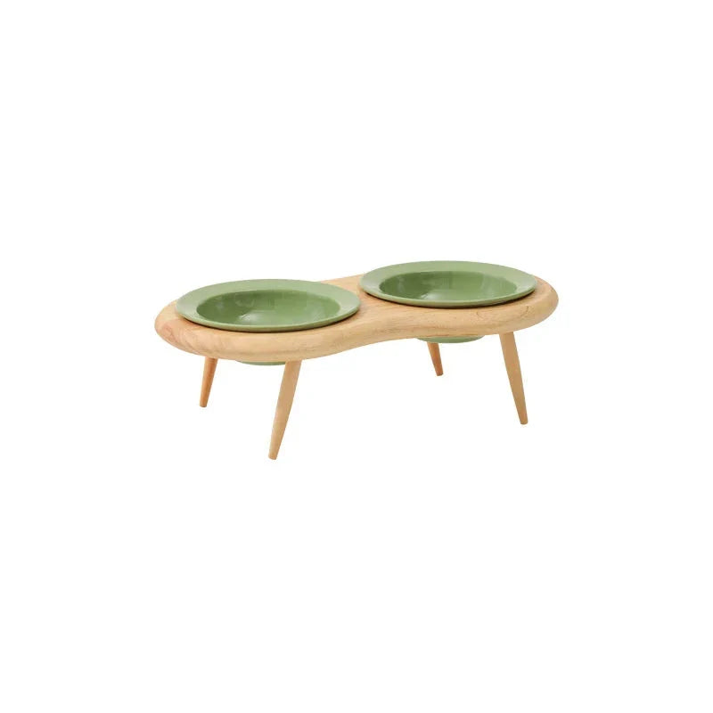 Elevated cat and small dog ceramic feeding set with adjustable wooden stand