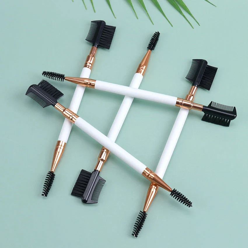 Premium dual-ended eyebrow and eyelash grooming brush with wooden handle and nylon bristles