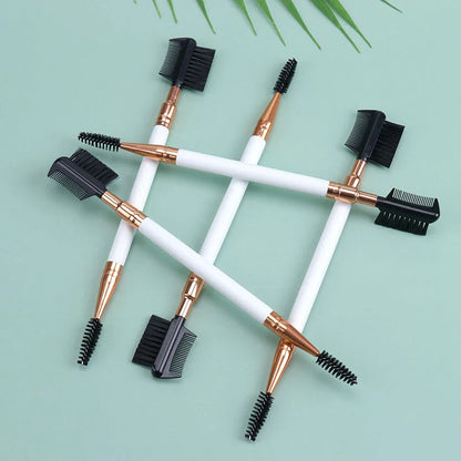 Premium dual-ended eyebrow and eyelash grooming brush with wooden handle and nylon bristles