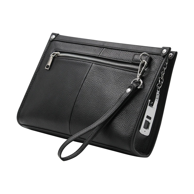 Premium leather handbag with fingerprint lock security in black colour, showcasing a spacious interior and sleek design