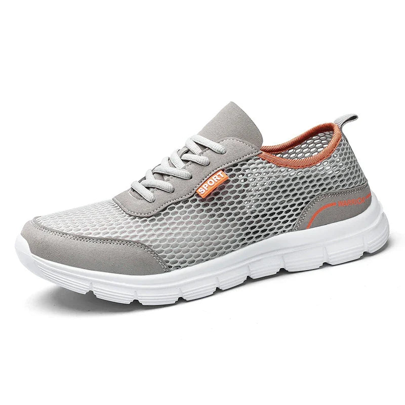 Breathable men's sports shoes with mesh design, available in blue, black, and gray colours