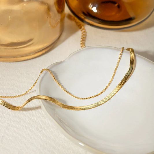 Exquisite 18K gold-plated double layer snake chain anklet with a durable stainless steel base, designed to elevate summer style with timeless elegance.