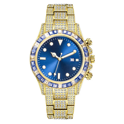 Premium diamond-encrusted green quartz watch with luminous display and sun pattern design