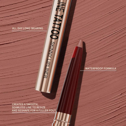 Close-up of a premium waterproof lipliner in a silver casing, a must-have makeup essential for a polished and long-lasting lip look.