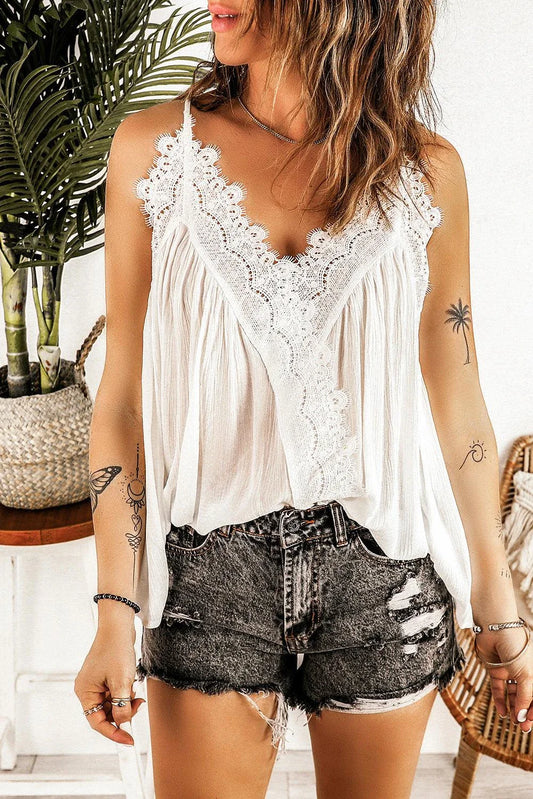 Elegant white halter neck cami top with delicate eyelash lace trim detail