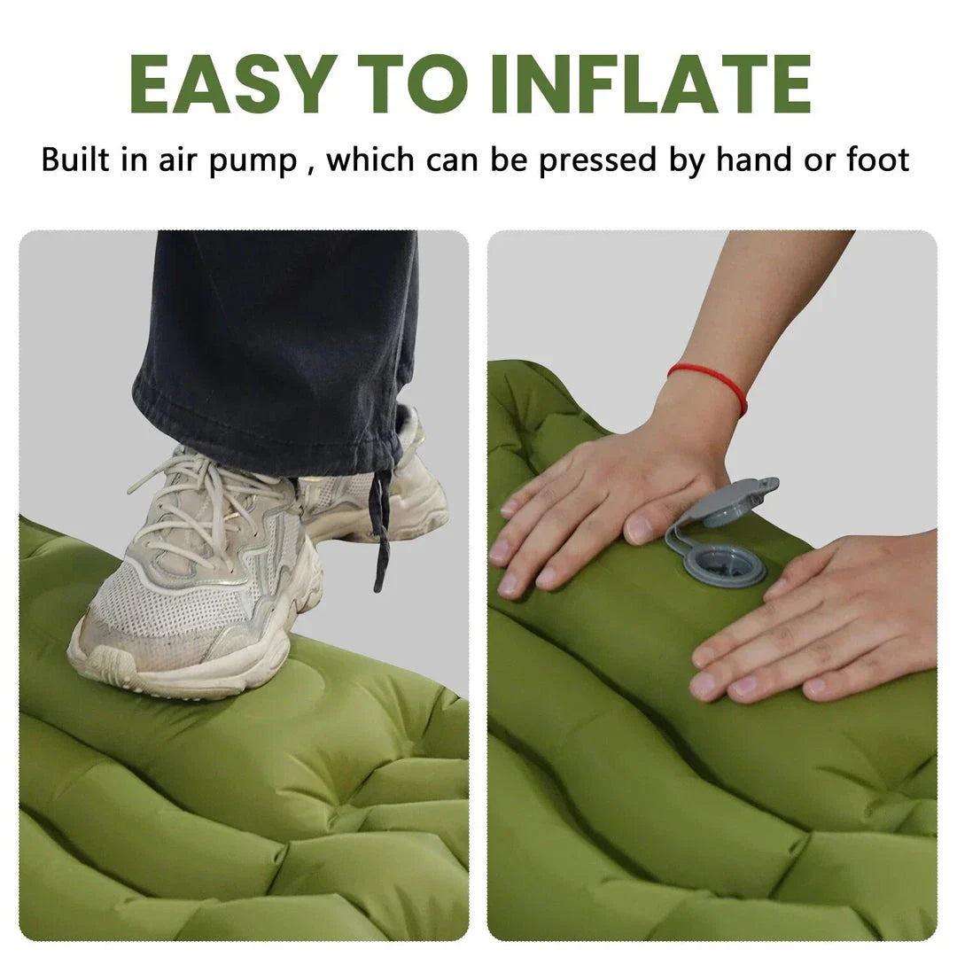 Luxury inflatable camping mattress with built-in pillow and foot pump for effortless inflation and superior comfort in the great outdoors