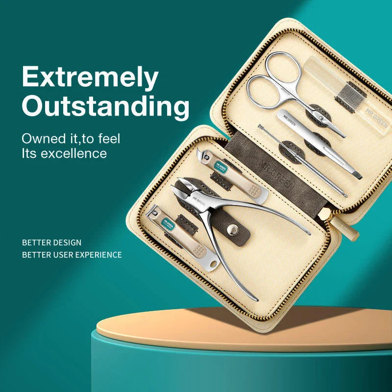 Sophisticated stainless steel manicure set with vibrant colour accents and compact travel case