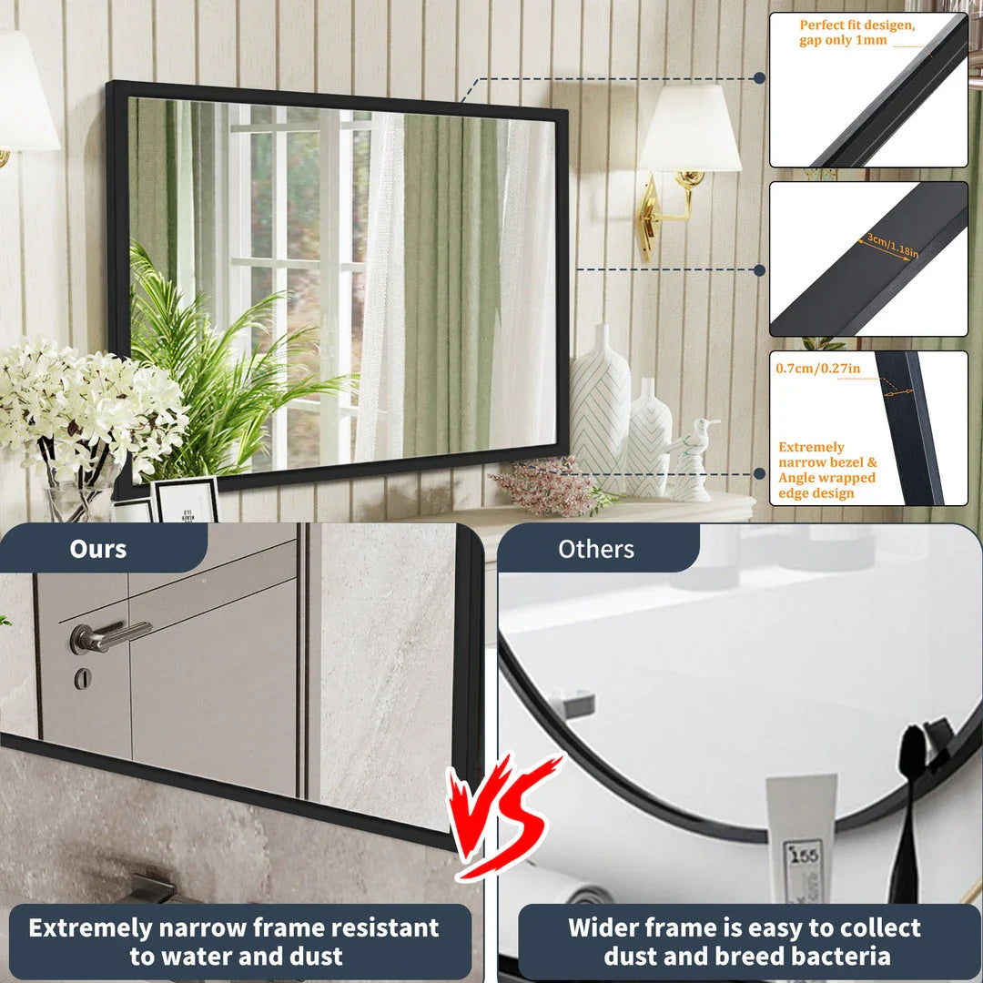 Sophisticated black metal framed wall mirror with rounded corners, reflecting a bright and spacious room