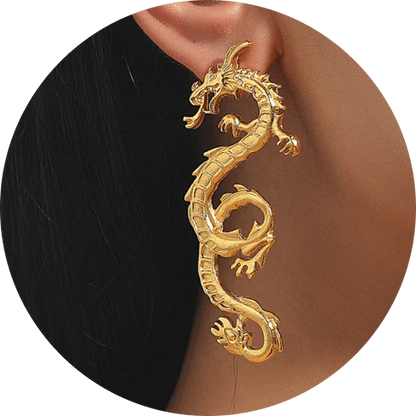 Stunning gold-coloured dragon stud earrings with intricate details, a fashionable accessory for UK customers