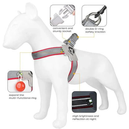Reflective mesh dog harness vest with adjustable straps for a secure and comfortable fit, designed for safe and stylish walks with your canine companion.