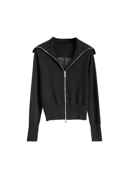Elegant black silk-cotton blend cardigan with zipper closure, featuring a refined A-straight design and stylish details