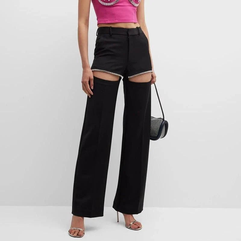 Sophisticated high-waist, wide-leg trousers with spliced diamond detailing for a stylish and comfortable look