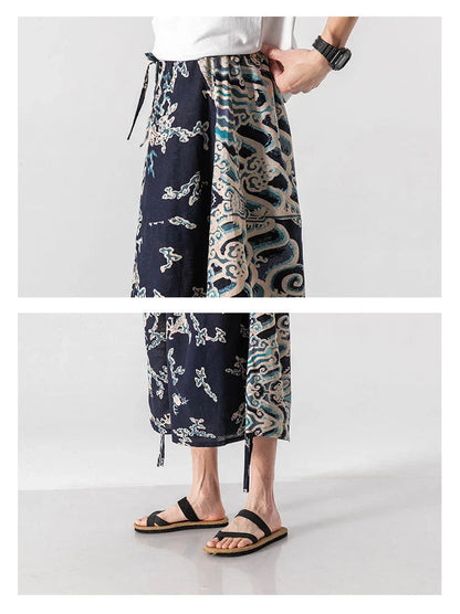 Men's loose-fitting Chinese-inspired cropped pants with a dragon or elephant floral pattern in navy blue, red, or coffee colours
