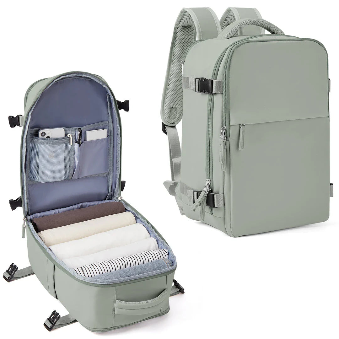 A durable and spacious travel backpack with multiple compartments and padded shoulder straps, suitable for British adventurers and commuters.