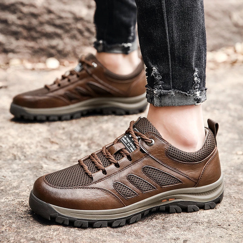 Premium breathable leather sports trainers in black and brown colours, featuring a mesh upper and comfortable sole