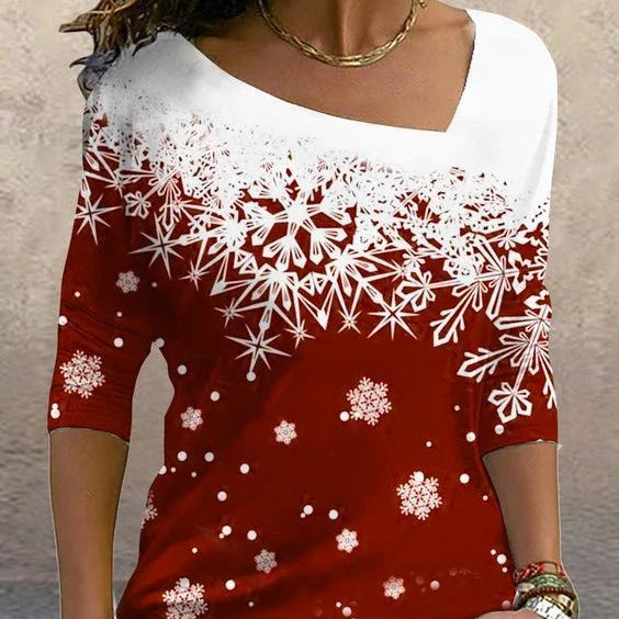 Women's Christmas-themed long sleeve pullover top with diagonal collar and festive print design