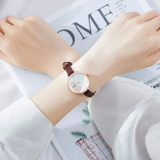 Harajuku-inspired women's watch with minimalist black and white design, Japanese quartz movement, and adjustable PU leather strap