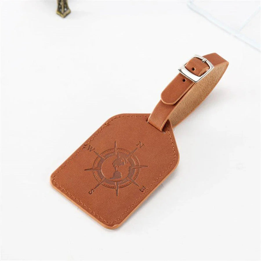Compass Leather Luggage Tag with Geometric Pattern, Durable PU Leather, and Clear Identification Window