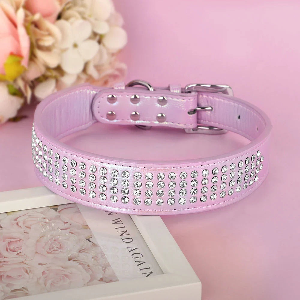 Dazzling rhinestone dog collar made from premium PU leather, available in multiple sizes and colours for medium and large dogs