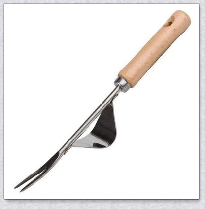Premium British stainless steel manual weed puller with curved metal base and sharp forks for easy weed removal