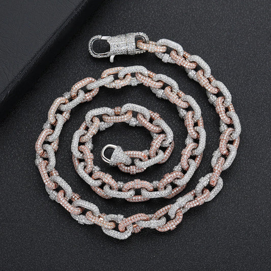 Premium two-tone copper necklace with inlaid zircon detailing and classic Cuban link chain design