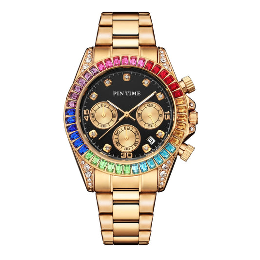 Exquisite Steel Band Watch in rose gold with colored shell, featuring a sleek stainless steel case, genuine leather strap, and reliable quartz movement.