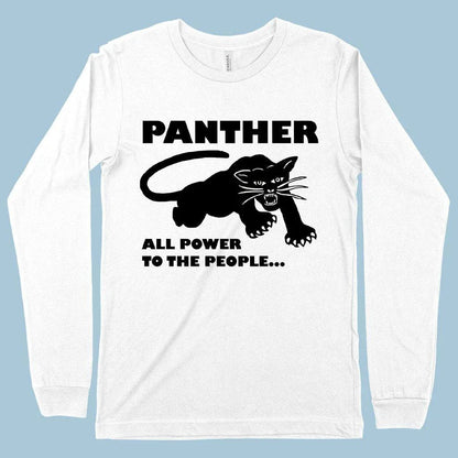 Iconic Black Panther long sleeve t-shirt in white, featuring a bold graphic design and premium, ethically-sourced cotton construction.