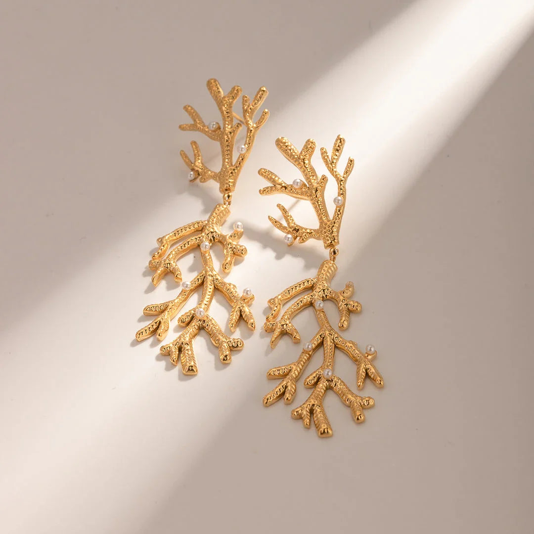Elegant 18K gold plated coral pearl pendant earrings with a secure stud closure and a tarnish-proof finish